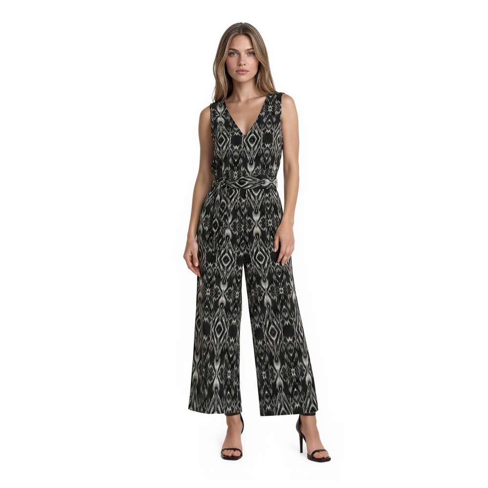 Worthington Jumpsuit Women's Size 16 Black White Ikat Print Wide Leg Tie Waist